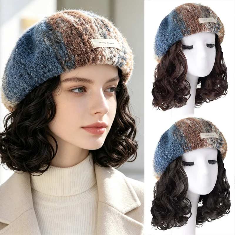 Women 2-in-1 Rainbow Oil Painting Beret Hat with Short Lazy Wavy Synthetic Wig, Integrated Hat Wig for Daily Party Festival Gift