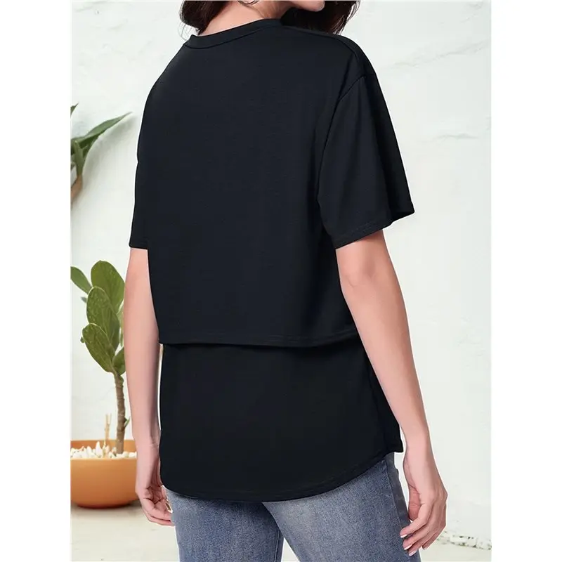 A84F-Women's Maternity Shirts Short Sleeves Tops Double Laye Breastfeeding Tees Pregnancy