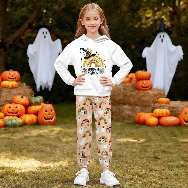 Halloween Girls Outfit 2026 Spooky Season Rainbow Ghost Print Hoodie And Joggers 2-Piece Set Cute Casual Kids Costume Tracksuit