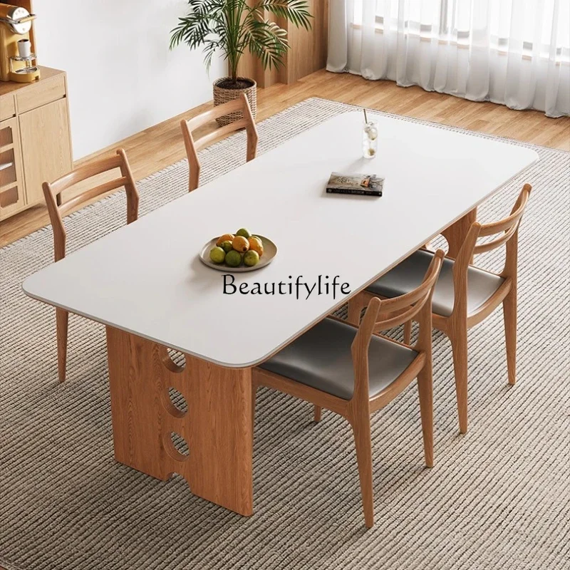 

Nordic Solid Wood Rock Slab Dining Table Natural Cream Style White Ash Rectangular Wabi-Sabi Dining Table
