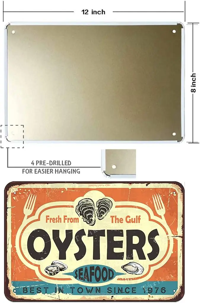 Fresh from The Gulf Oysters Seafood Tin 8X12 Inch Vintage Look Decoration Art Sign for Home Kitchen Farm Bar Pub Man