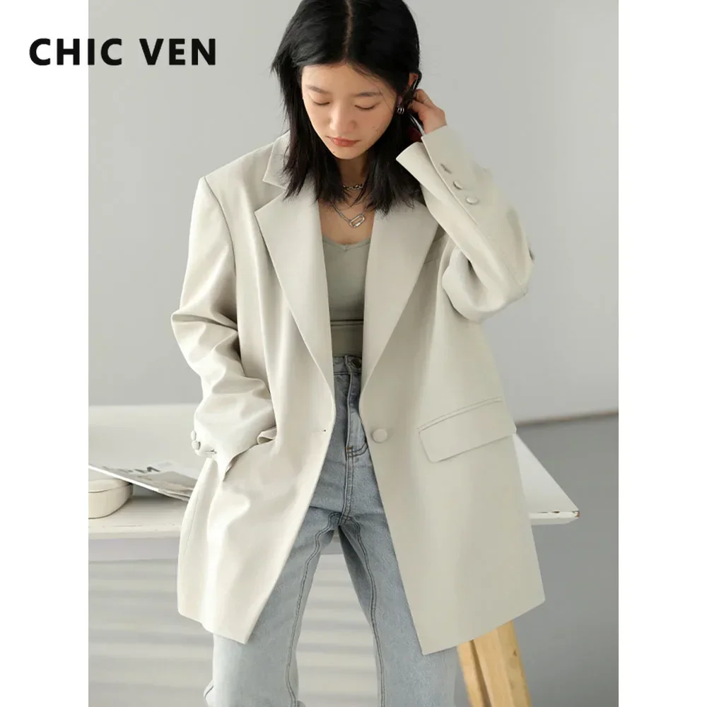 CHIC VEN Korean Women Blazer Solid Casual Loose Wide Shoulder Ovecoat One Button Office Lady Top Woman Jacket Spring Autumn 2023