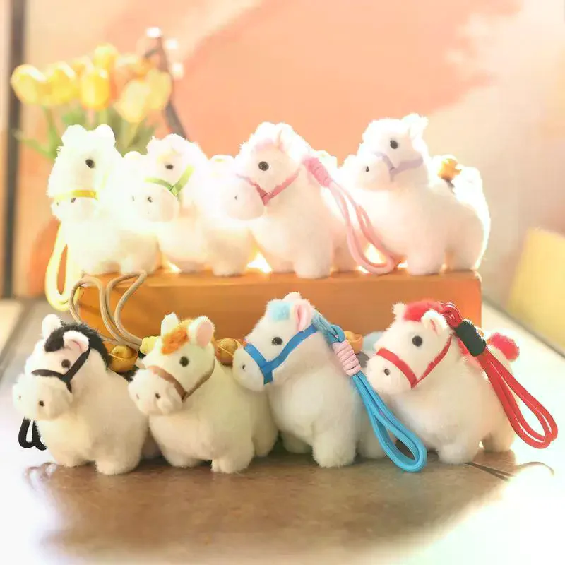 Bonito ano chinês do cavalo pônei boneca de pelúcia mascote brinquedo de pelúcia chaveiro pingente cordão saco pendurar charme ano novo lembrança presente