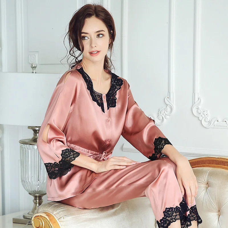 Women's Lace Trim Silk Pajamas Set Two Piece Outfit 100% mulberry silk Sexy Waisted Top with Pants Loungewear Satin Sleepwear PJ