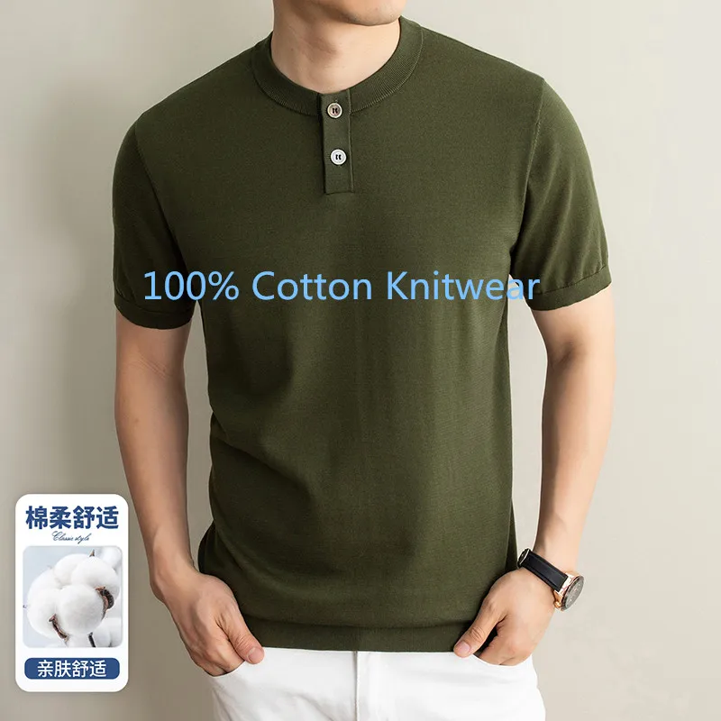 Good 100% Cotton Knitwear for Men Summer Spring Trendy Henry Collar Knitting t-shirt Breathable Short Sleeve Cotton Knit Tops