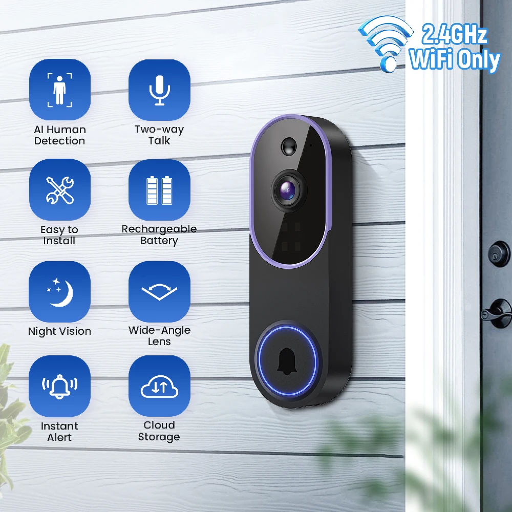 Wireless Wi-Fi Video Doorbell Camera with AI Motion Detection, 2 Way Audio, Night Vision,2.4GHz Wi-Fi Only, Battery Powered  ﻿
