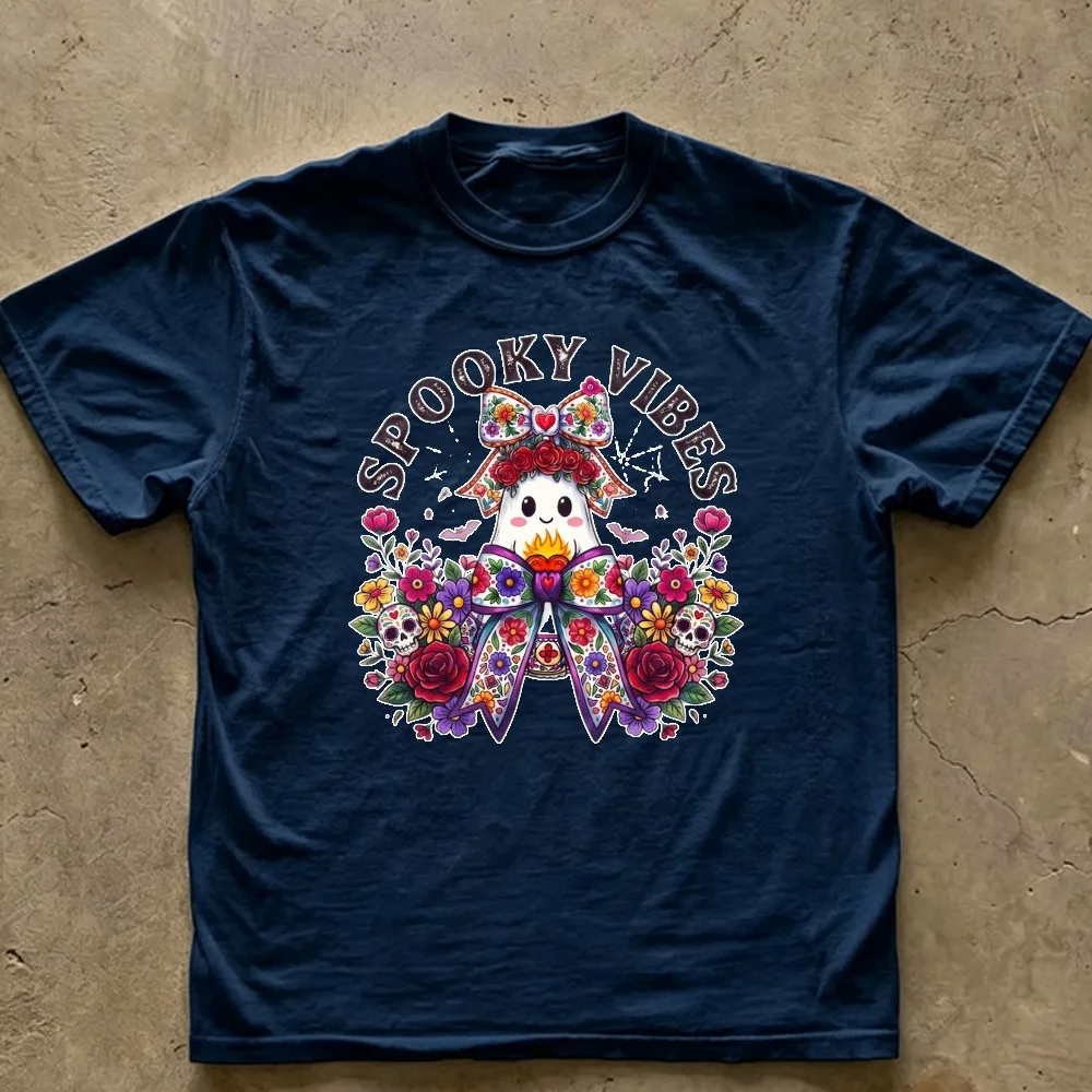 Spooky Vibes Floral Bow Ghost Day of The Dead T‑Shirt Mexican Folk Colorful Flower Wreath Sugar Skull Cute Ghost Cotton Tees Top