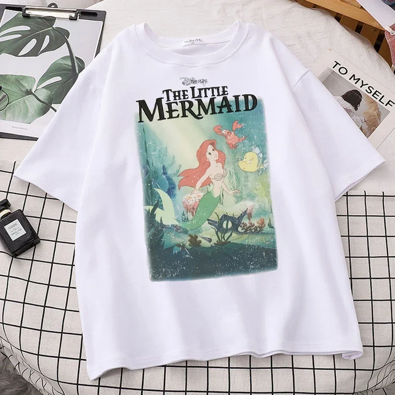 Harajuku Gothic Disney Cartoon The Little Mermaid Lady  Printed Women T-shirts Casual O-neck Oversized Short Sleeve Tops Tees