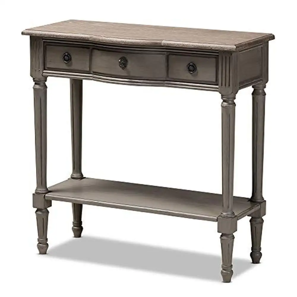 French Gray Console Table with Drawer and Shelf Traditional Design Wood Frame MDF & Oak Tabletop Antique Style Rectangular Shape