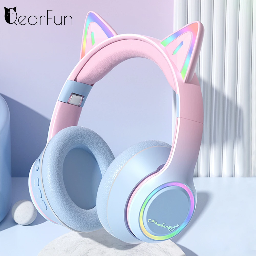 Gradient Wireless Headphones RGB Cat Ear Bluetooth Headphones With Microphone Stereo Music Game Earphone For Girls Kids Gifts