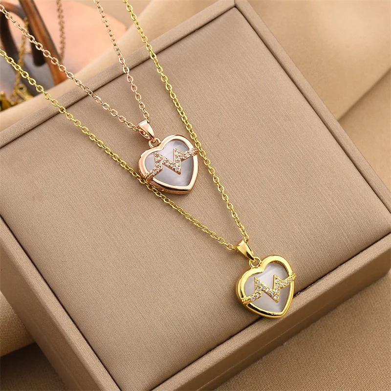 Simple Love Opal 18K Gold Plated Heart Pendant Necklace Stainless Steel Neck Chain Necklaces Aesthetic Women\'s Jewelry Wholesale