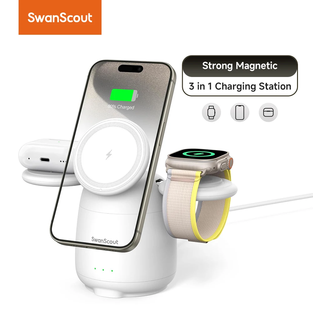 

SwanScout 707M Magnetic Charging Station for iPhone 16 15 14 13 12 Wireless Charger Stand for Apple Watch 2-10 SE for AirPods 4