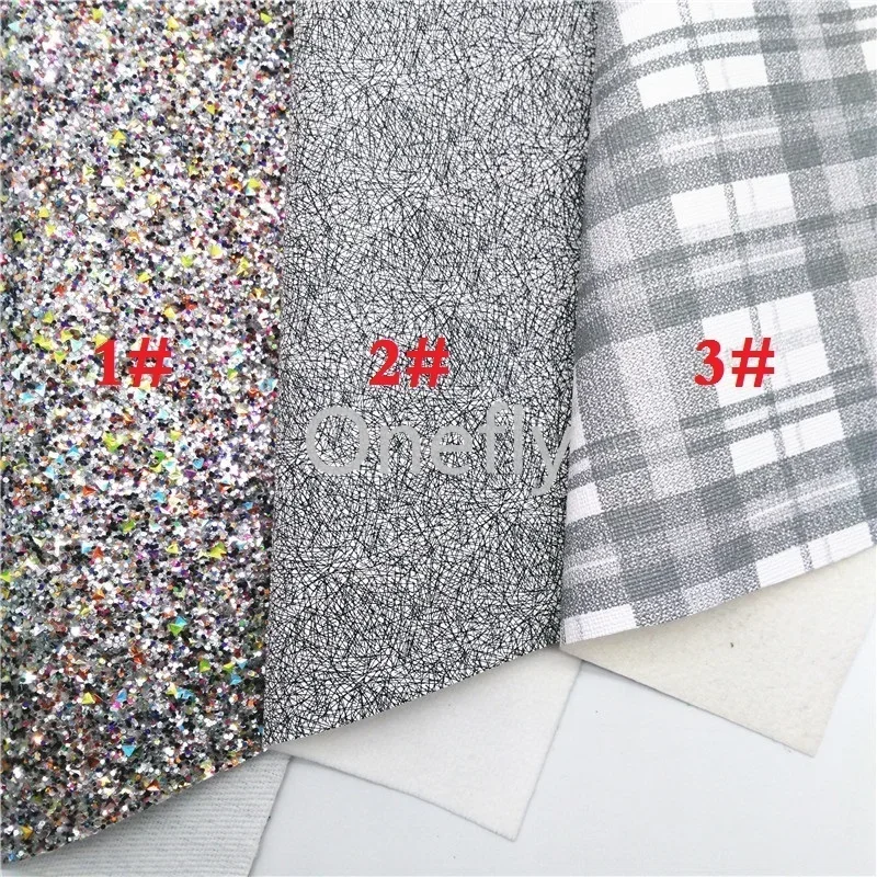 Onefly 21X29CM Glitter Fabric, Grey Tartan Printed Synthetic Leather Sheets For Bow DIY  handbags shoes  BQ046