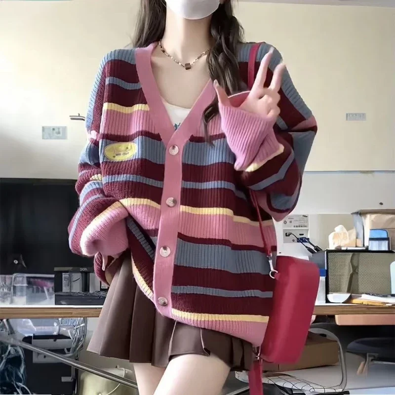 

Women Cardigan Vintage Knitted Jacket Autumn and Winter New Loose Striped Jumpers Female Students Versatile Sweater