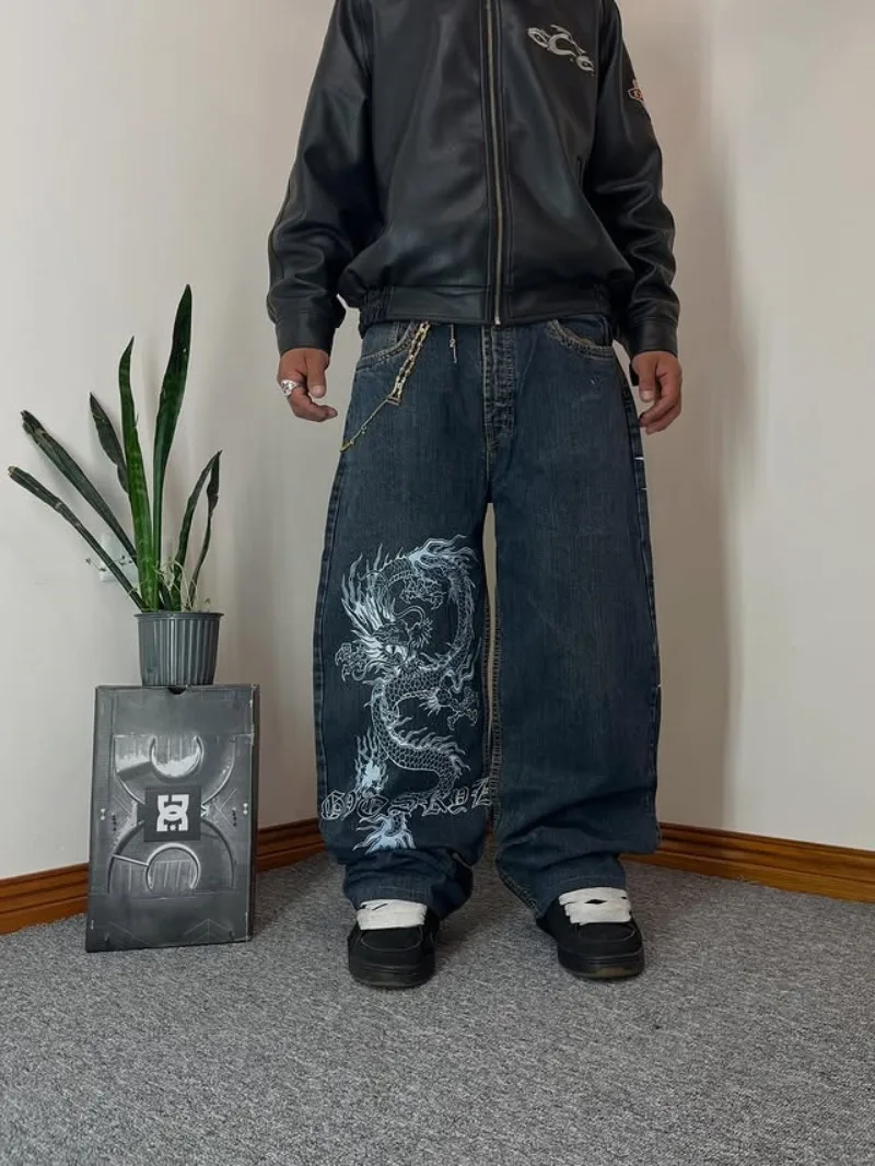 Y2K Mens Dragon Print Loose Fit Baggy Jeans Denim High Street Urban Casual Trendy Fashion Hip Hop Streetwear Daily Wear Style