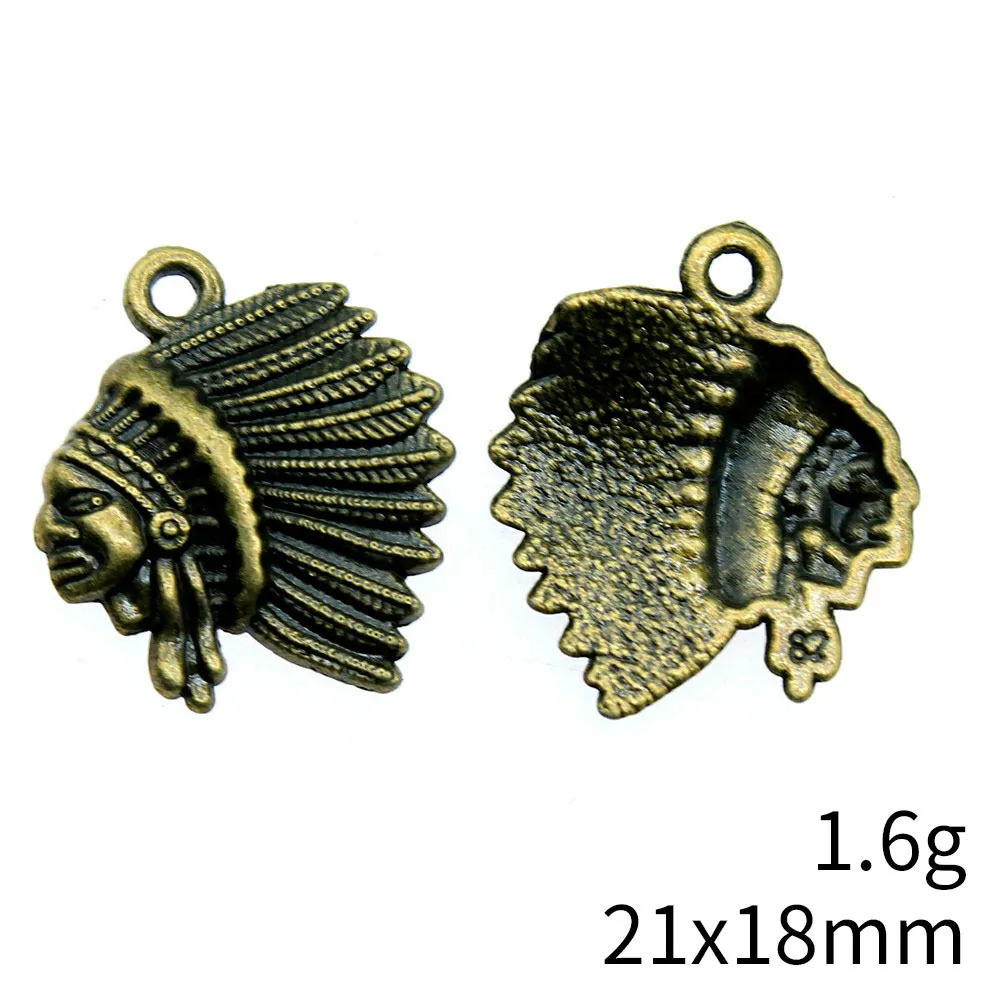 Breloques tête de chef indien, 21x18mm, 2 couleurs, couleur argent antique, couleur Bronze antique, accessoires pour la fabrication de bijoux, 10 pièces