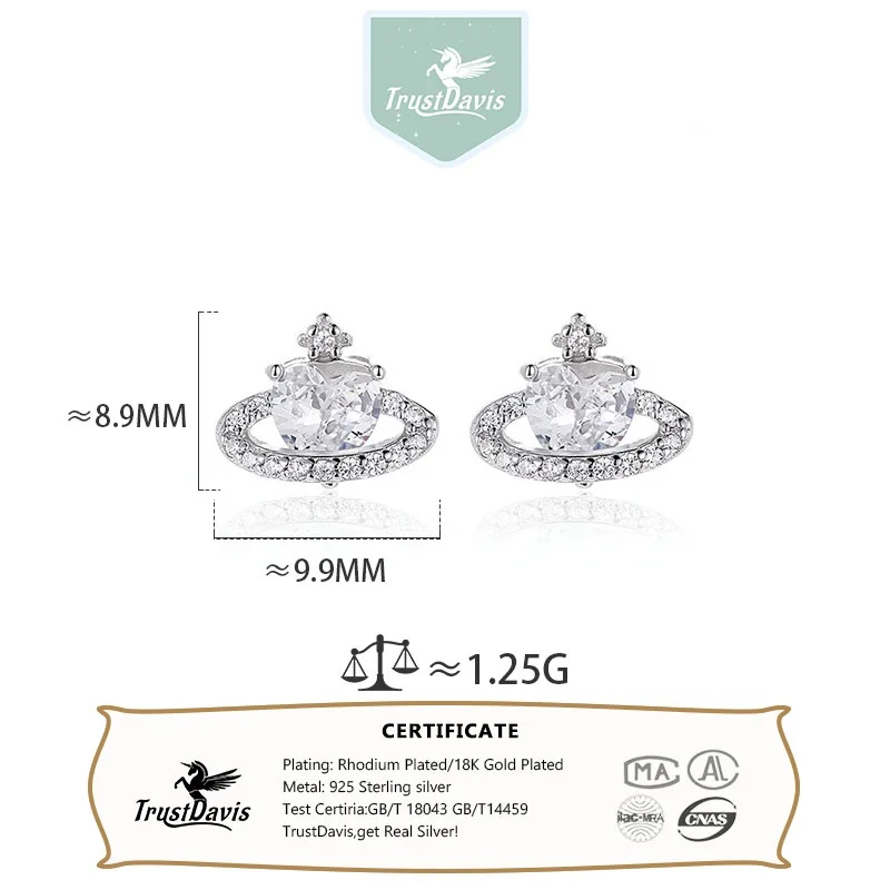 TrustDavis Genuine 925 Sterling Silver Heart-Shaped Cubic Zirconia Earrings Simple Planet Earrings for Women Daily Wear DS5009