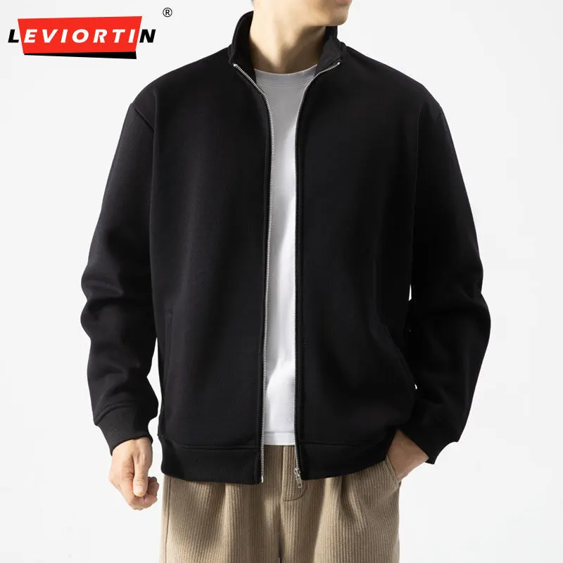 

Men's autumn and winter Japanese minimalist zipper cardigan knitted solid color with fleece stand up collar sweatshirt trend