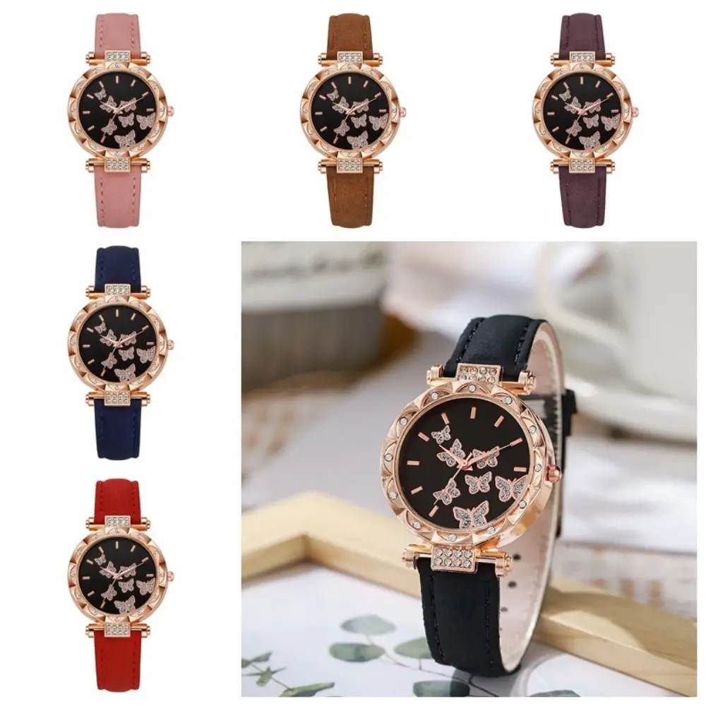 Fashion Leather Women Watches Rhinestone Butterfly Dial Quartz Watch Wristwatches Gift