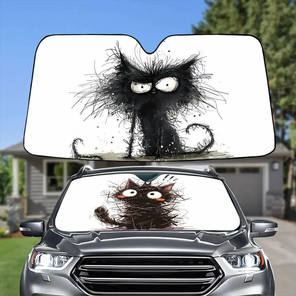Whimsical Cat Art Car SunShade Windshield Anti-UV Protection Front Shade Attachment Sun Visor Protective Cover