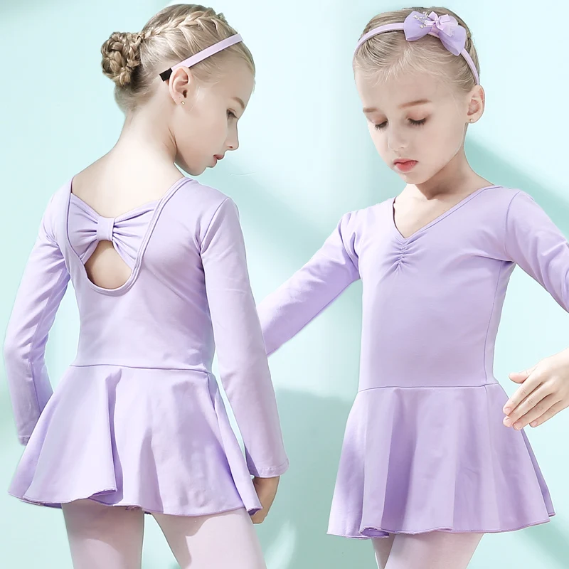 Classic Long Sleeve Leotard Dance Ballet Dress Kids Girls Bow Back Ruffle Skirt Gymnastics Training Clothes Ballerina Outfits