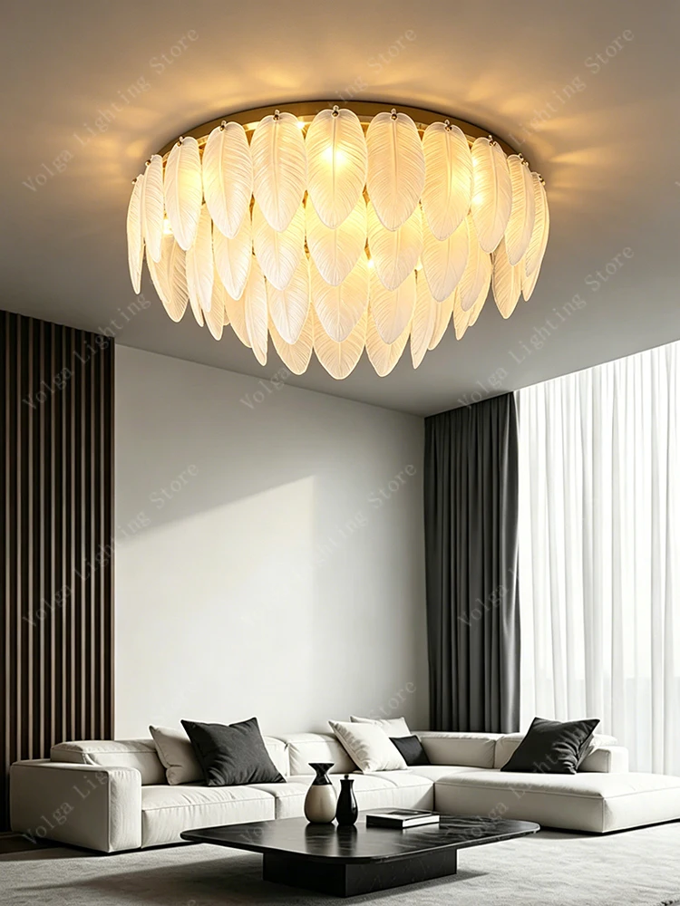 Modern White Glass Feather Ceiling Lamp Luxury Brass Led Lights Home Decor Lampe Lampa Sufitowa for Living Room Bedroom