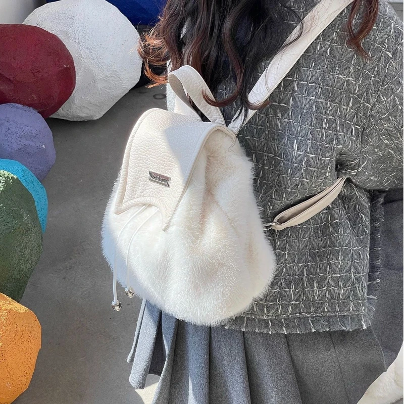 

Xiuya Sweet Cute Soft Plush Shoulder Bag White Harajuku Style Drawstring Backpack New Large Capacity Elegant Literary Handbag