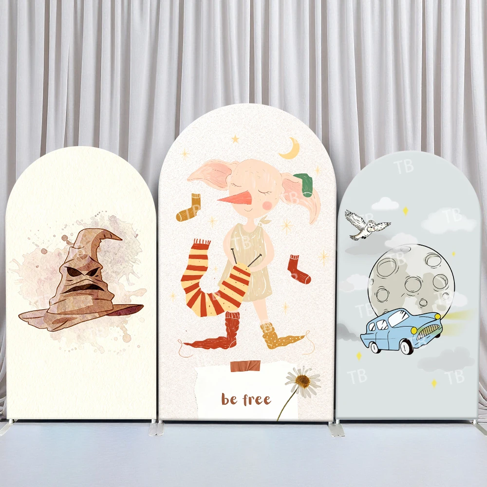 

Harry Potter Sorting Hat Dobby Elf Flying Car Arch Backdrop Cover Handdrawn Warm Scene For Birthday Party Wizard Photo Booth