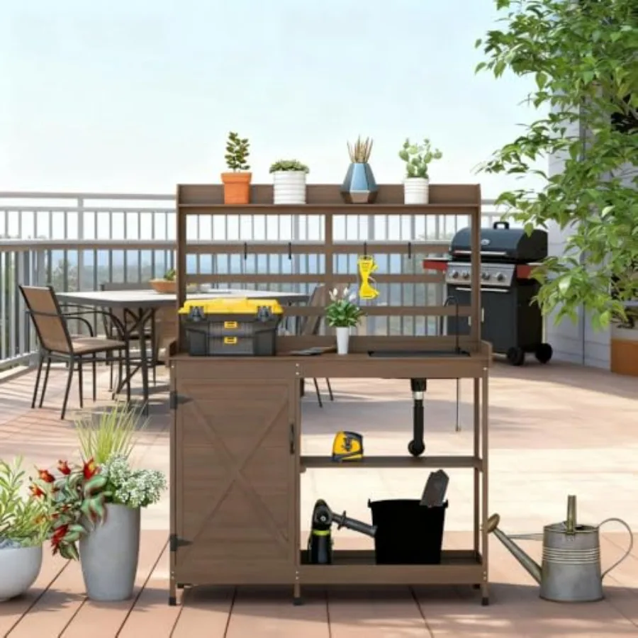 Potting Bench For Gardening Use, Made Of Wood, Natural Color, With Storage Compartment, Built-In Sink And Water Tap