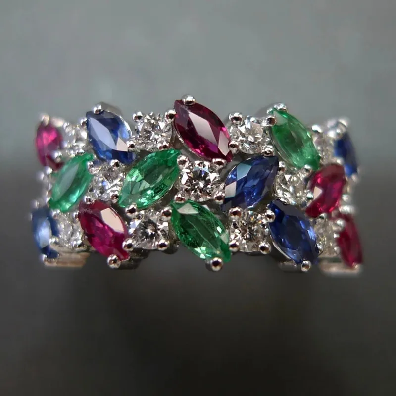 Huitan New Women Rings with Blue/Green/Red/White Cubic Zirconia Sparking Wedding Engagement Bands Eternity Trendy Jewelry Bulk