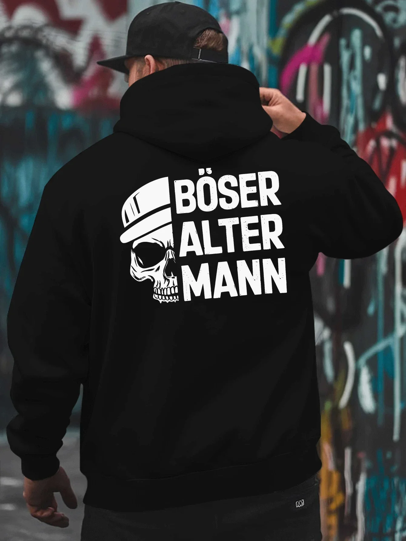 Böser Alter Mann Hoodie, Unisex Drawstring Hooded Sweatshirt German Skull With Hat Back Print Dark Humor Streetwear Pullover