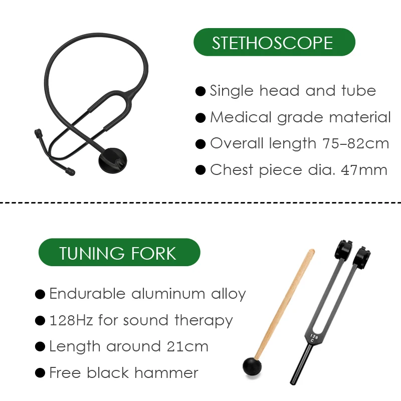 Black Health Monitor Storage Pouch Accessory Package with Medical Doctor Stethoscope Tuning Fork Reflex Hammer LED Penlight Tool