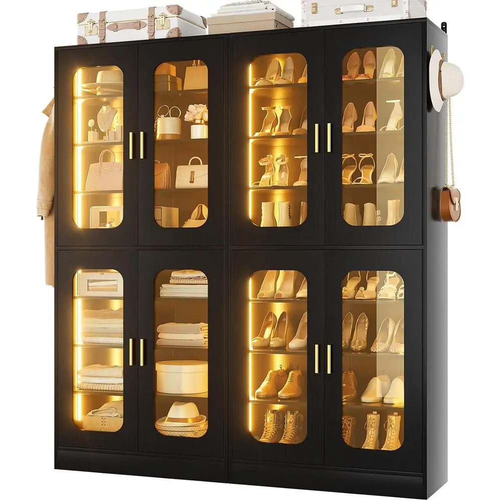 Double 8-Tier Black LED-lit Curio Cabinets for Collectibles and Shoes, Ideal for Entryway and Living Room