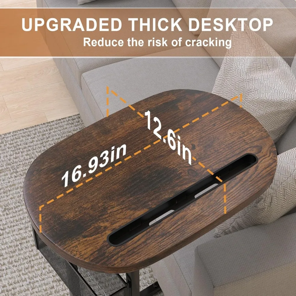 Adjustable Sofa Table with Large Top and Storage, Strong Metal Frame for TV Watching, Meals, Snacks (Oval, Brown)