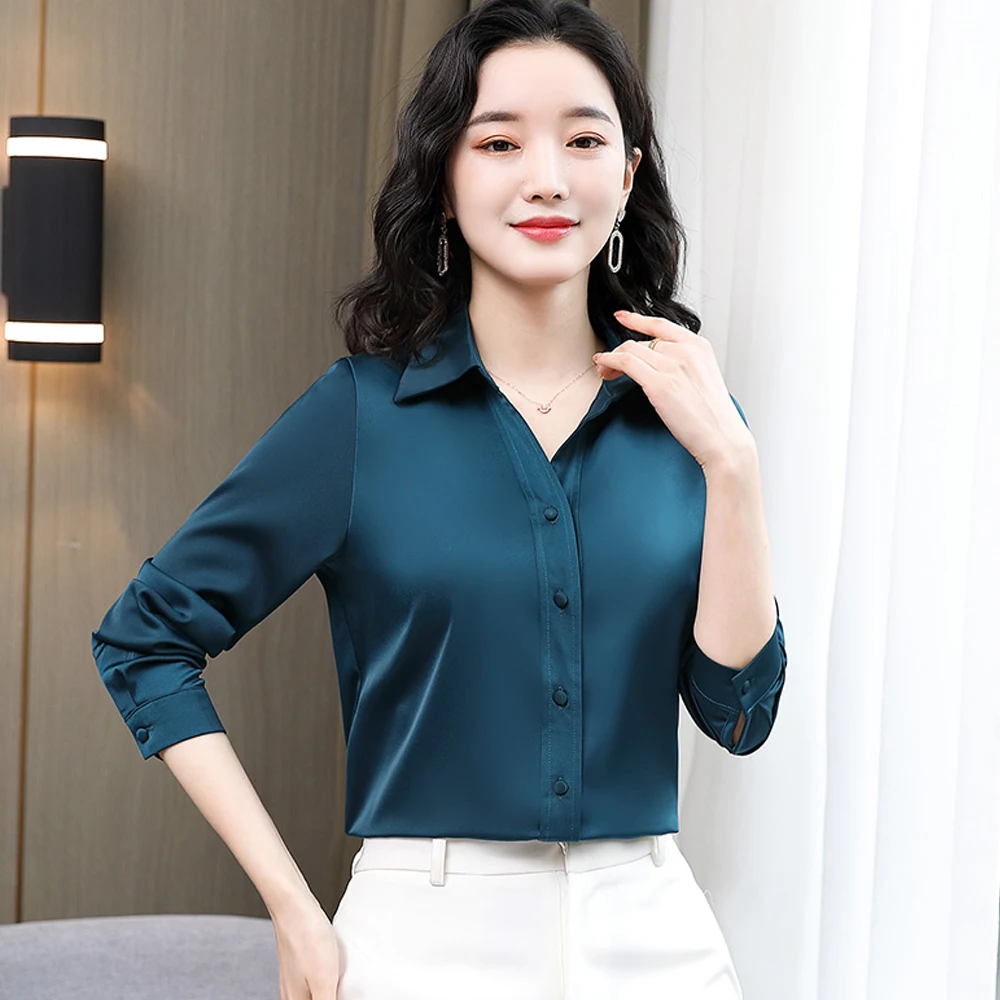 Korean Fashion Women Blouses And Shirts Elegant Long Sleeve Lapel Satin Silk Shirts Female Office Tops Blusas Mujer De Moda 2024