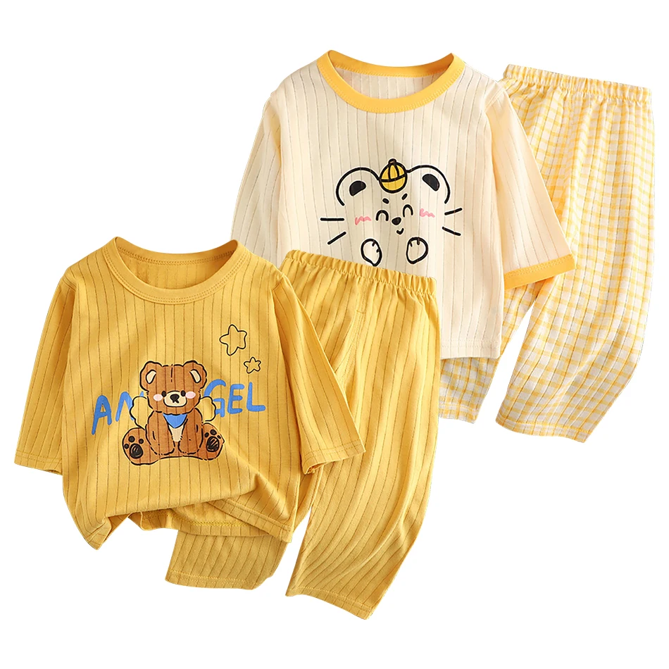 Children Summer Cotton Pajama Sets Long Sleeves Top Pants Soft and Breathable Suitable Baby AC Rooms Comfortable Night Sleepwear