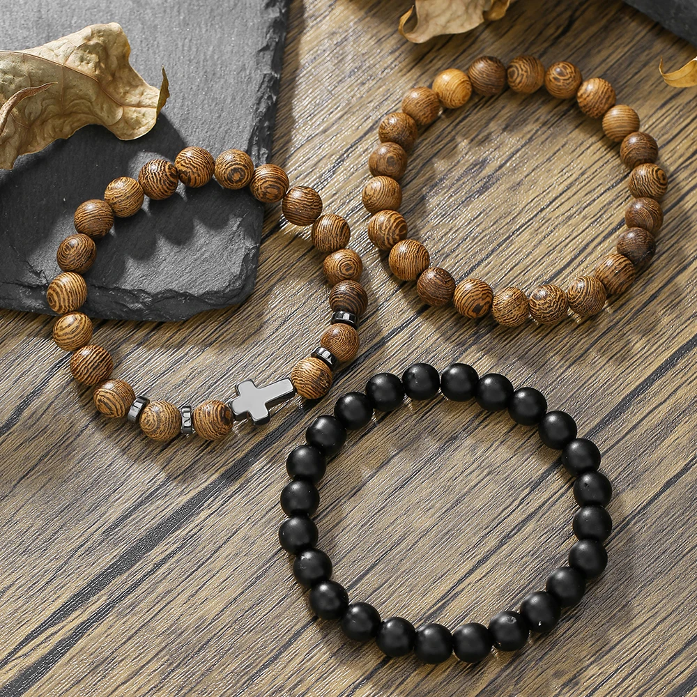 Fashion Personality Retro Jewelry Black Gallstone Cross Wood Beads Personality Bracelet Men's Elastic Bracelet 3-Piece Set