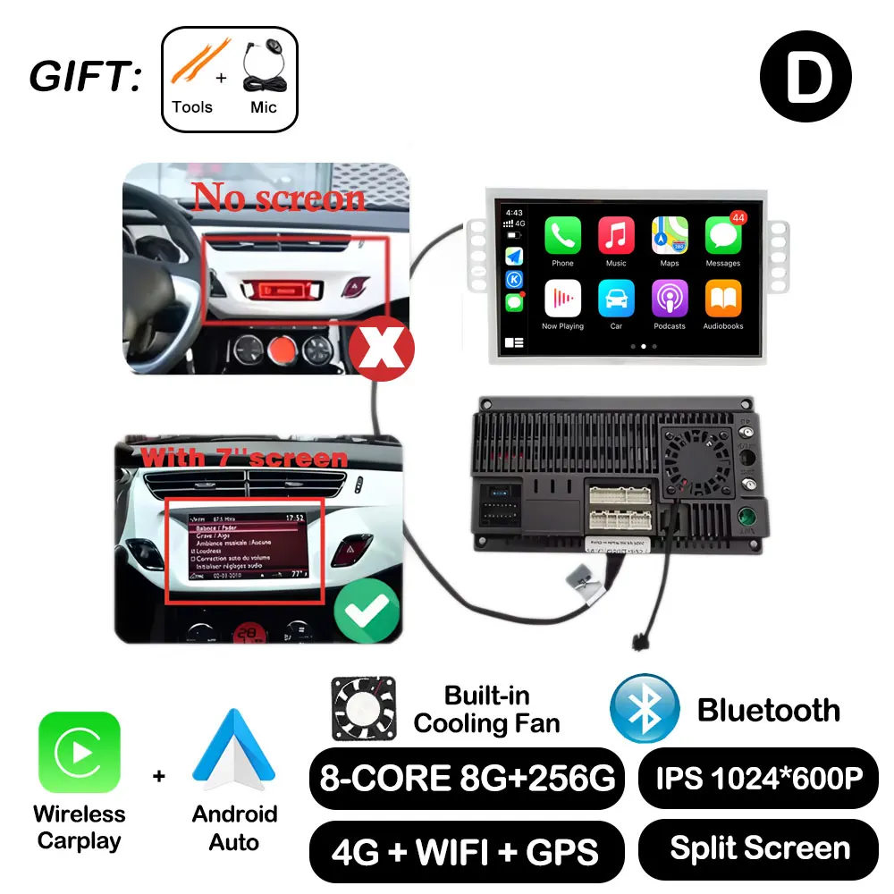 7 "Android Auto Voor Citroen C3 DS3 Autoradio Multimedia Speler Monitor Stereo Navigatie GPS BT Draadloze Carplay Touchscreen