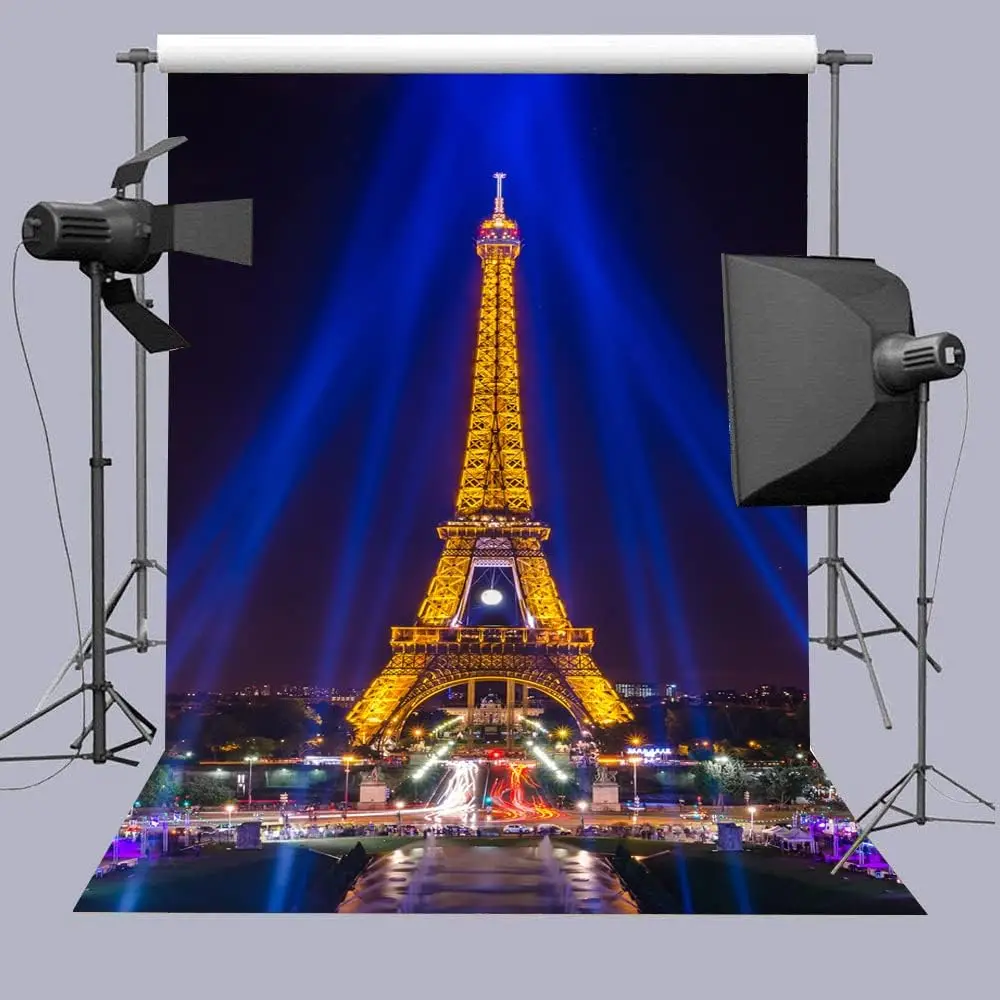 

Paris Eiffel Tower Photography Backdrop Blue Lights Up The Night Background Paris Theme Home Party Backdrop Wall Banner Decor