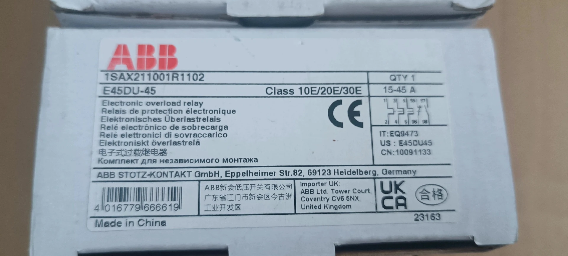 The New ABB Electronic Overload Relay E45DU-45, The Original And Genuine Instructions Are Complete