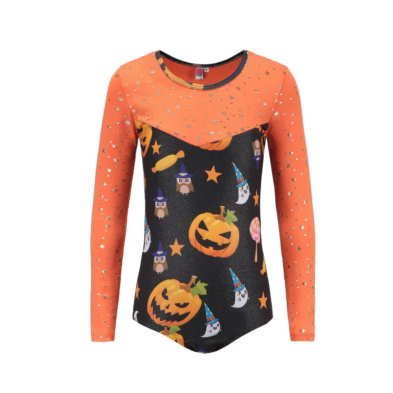 5-10Y Long-sleeved Halloween Pumpkin Head Pattern Ballet Leotard Body Suit Ballet Gymnastics Dance Practice Clothes Carnival