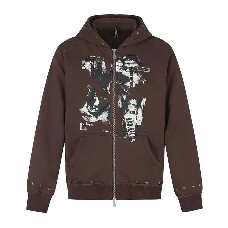 Torn Figure Print Zip Up Hoodie Mens Raw Hem Drop Shoulder Oversize Tailored Niche American Retro Street Coats CSR6