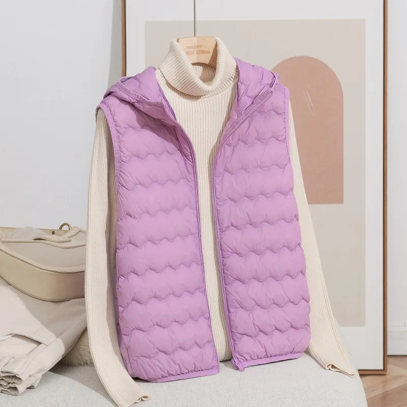 سترة نسائية خفيفة من ريش البط للخريف والشتاء، سترة عصرية خفيفة الوزن بغطاء للرأس دافئة بدون أكمام، ملابس خارجية داخلية #3