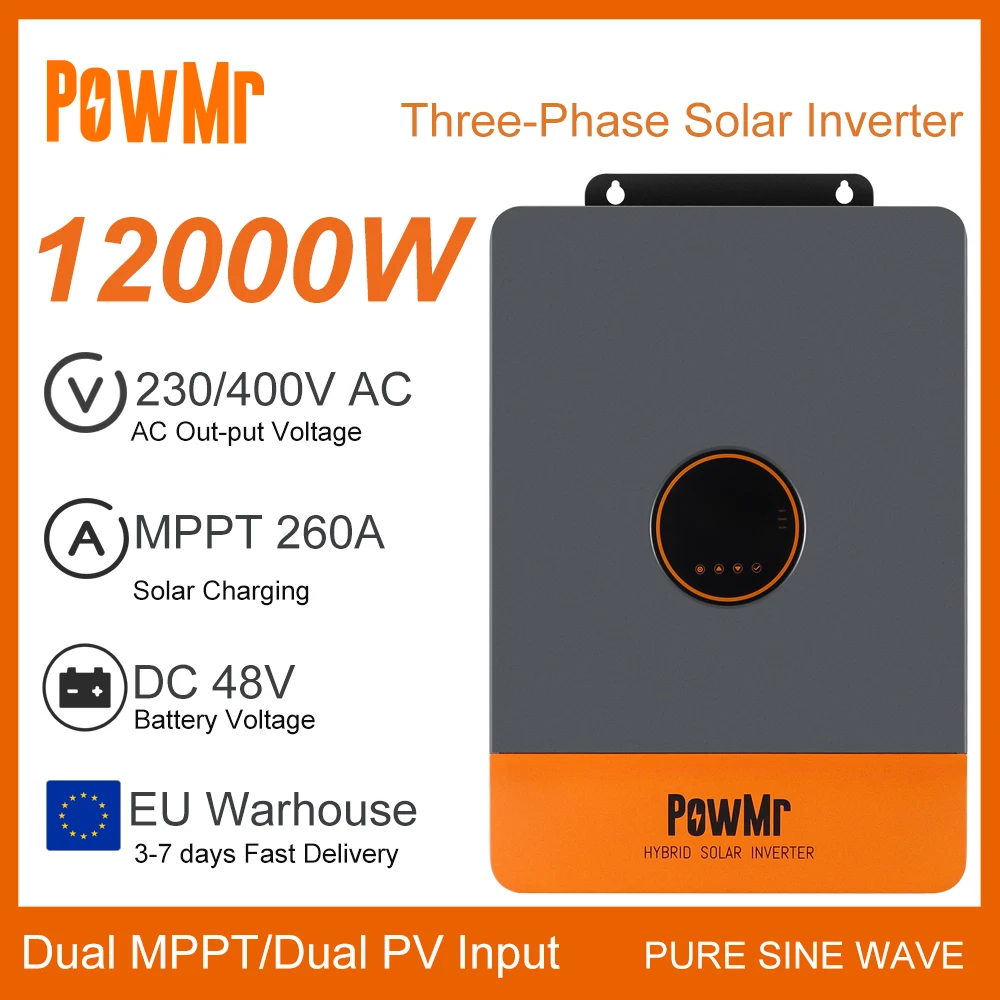 12KW Three-Phase DC 48V Solar Hybrid Inverter 230/400Vac Built-In 260A Dual MPPT Charger Controller Two PV Input Support Lifepo4