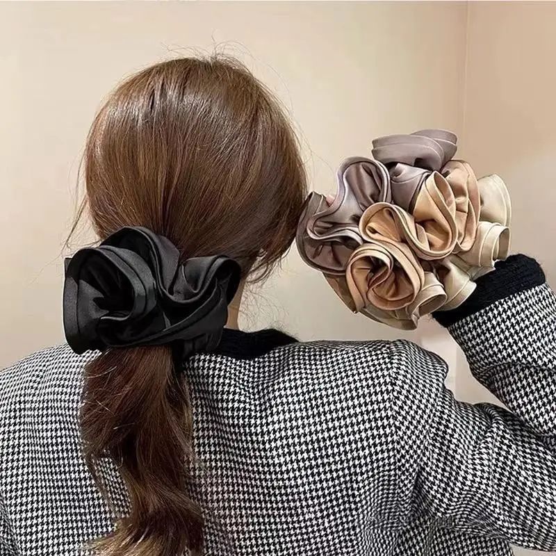 Vintage large Size Solid Color Satin Scrunchies Hair Ties Women Girls Luxury Elastic Hair Band Lady Ornament Hair Accessories