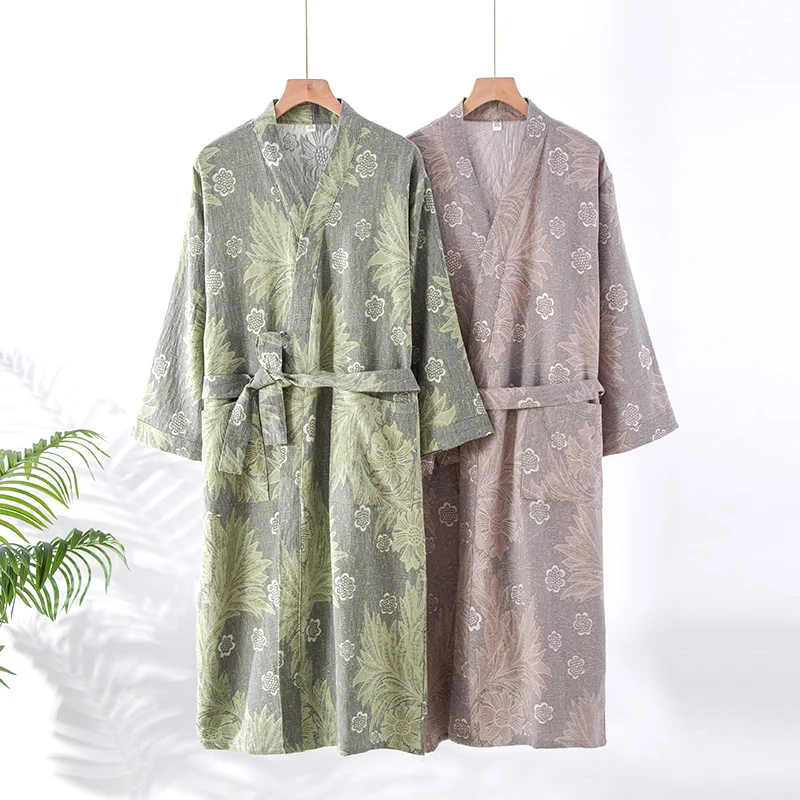 

National Style Nightgown Women 100% Cotton Yarn Large Size Sweat Steamed Bathrobe Morning Robe Home Cardigan Nightgown Thin