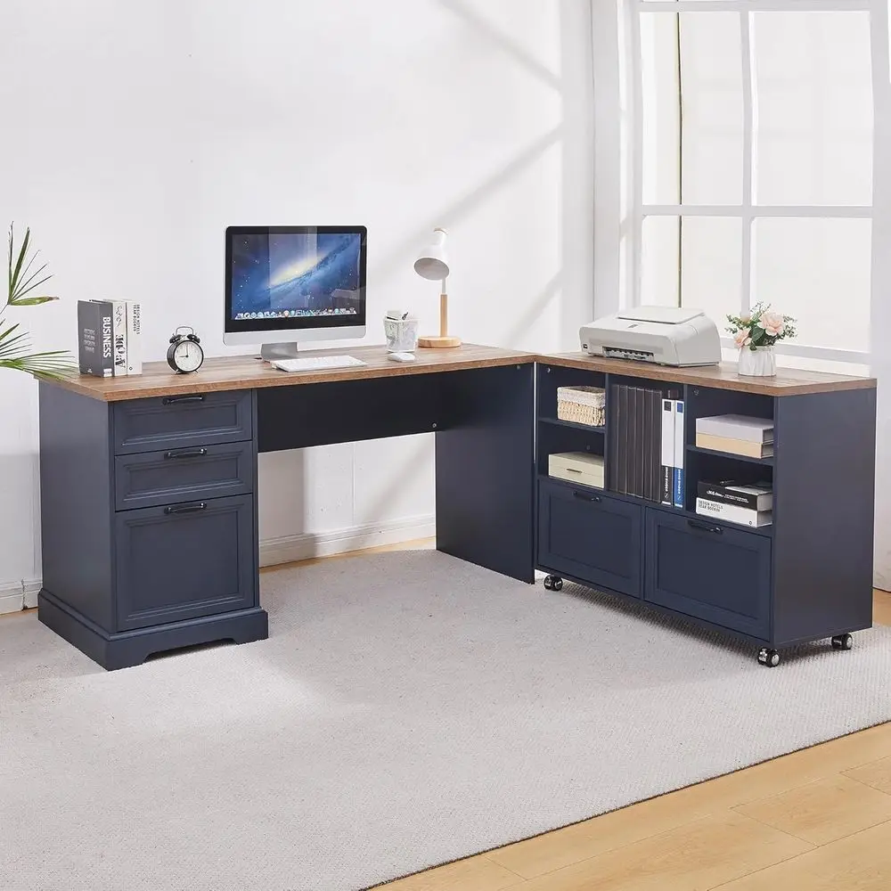 

60 L-Shaped Desk with 40 Adjustable File Cabinet, Charging Station, Storage Drawers, Wooden Computer Desk for Home Office or Stu