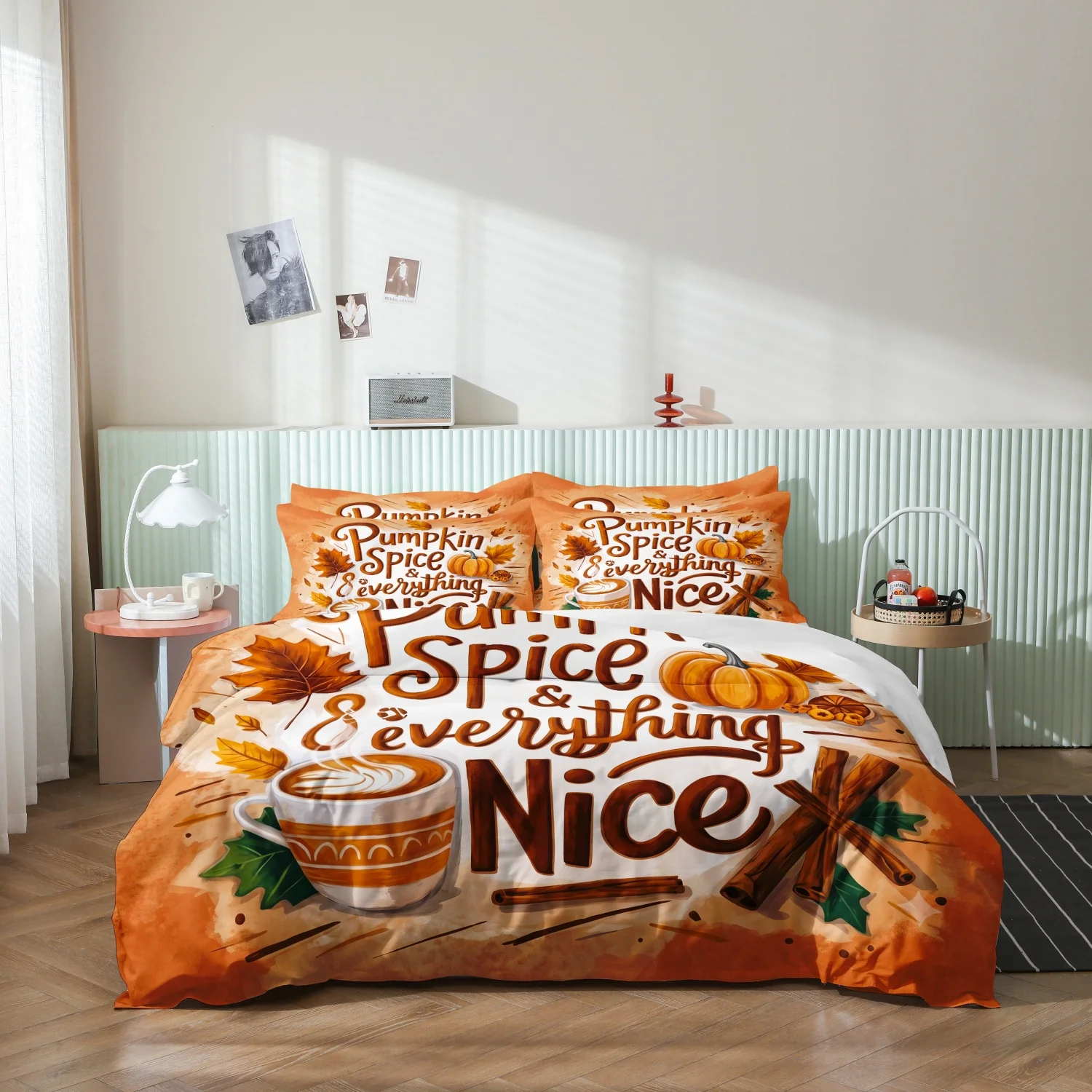 3 Pieces Fall Pumpkin Spice Print Duvet Cover Set, Autumn Harvest Latte Maple Leaf Cinnamon Stick Letter Printed Bedding