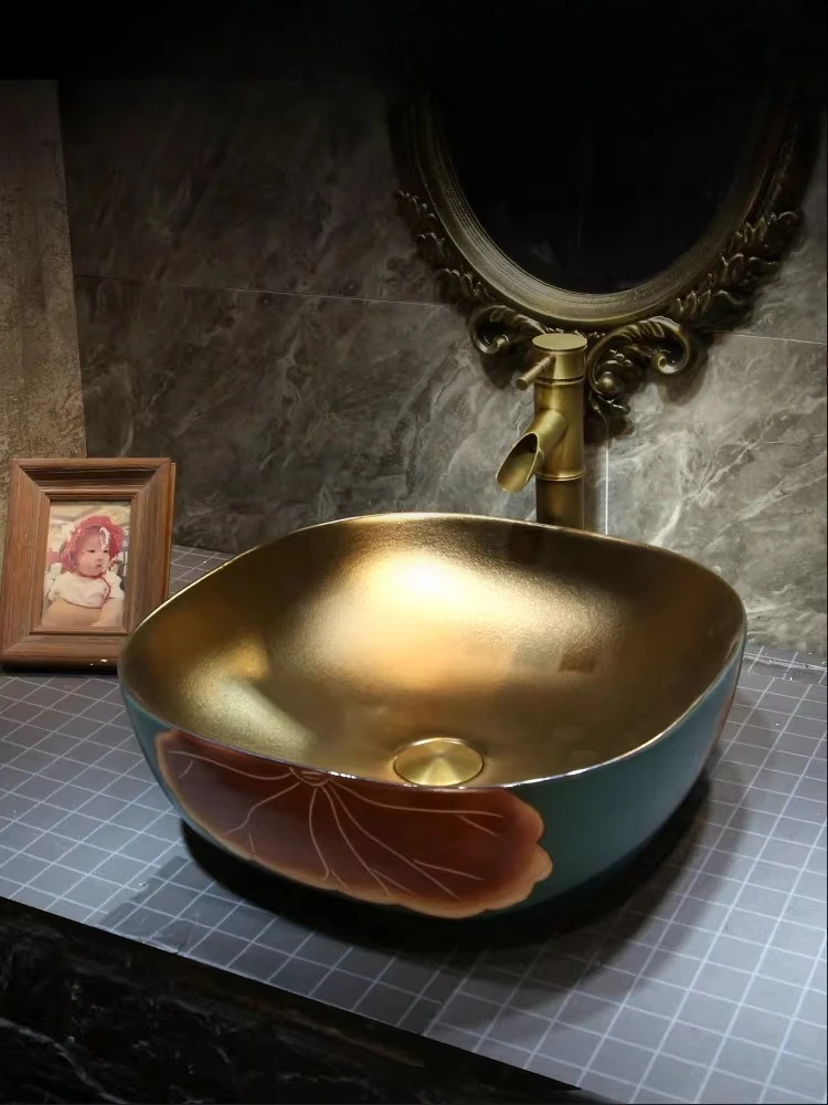 

Gem green countertop basin, gold household European retro face wash basin