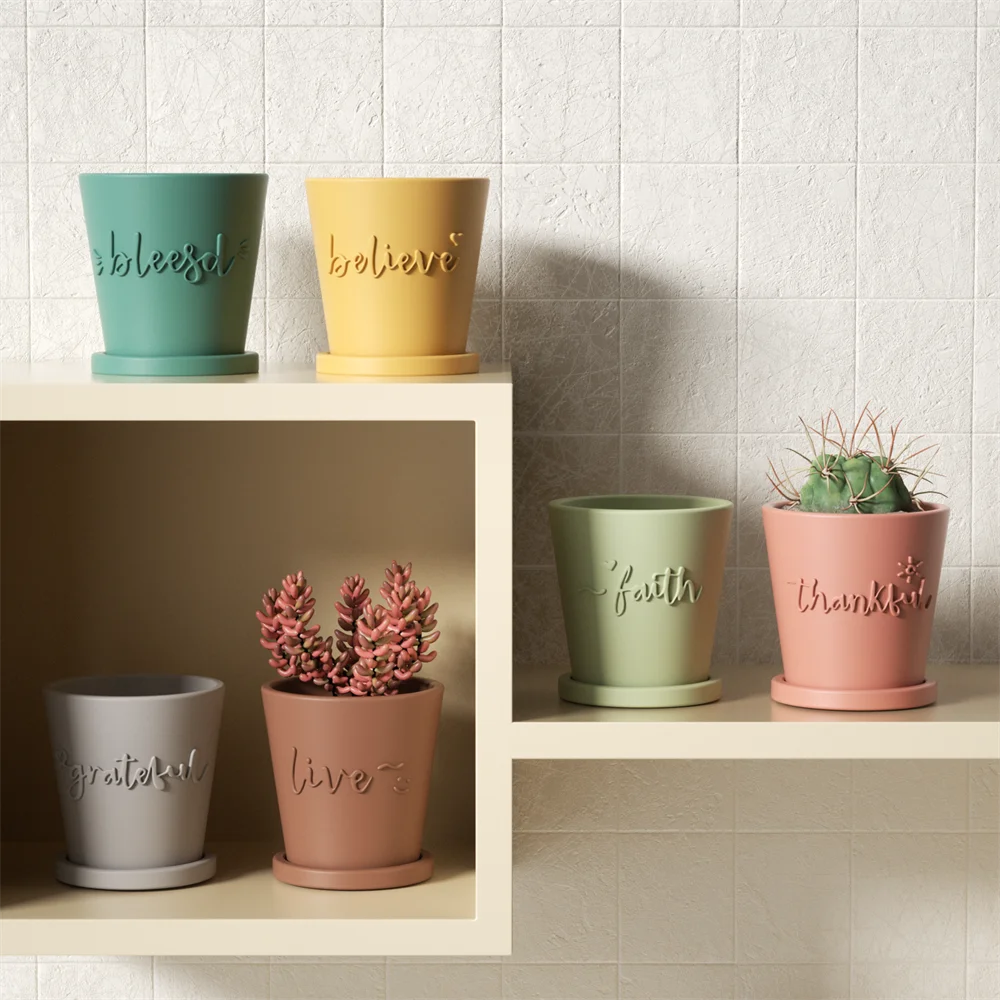 Nicole Plant Pot and Tray Jesmonite Silicone Mold DIY Words of Blessing Succulent Pot Concrete Mould Home Decoration Tools